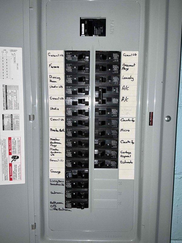 Completed estimate for mini split installation in bedroom space. Evaluated wall location above dresser for indoor unit placement, as indicated by marked installation area, and assessed electrical panel capacity to determine circuit requirements for new mini split system.