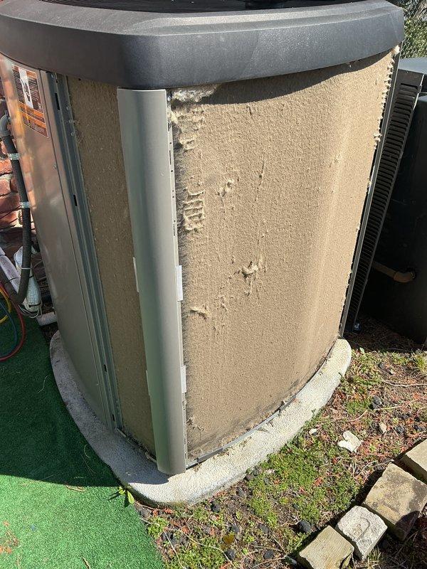 Completed annual maintenance on both heating and cooling systems. Inspected furnace internal components including gas valve assembly, electrical connections, and control mechanisms. All wiring connections were secure with proper routing observed. Checked outdoor condensing unit and noted significant deterioration of foam insulation panels with visible cracks, chips, and weathering requiring future attention. Verified unit operation and confirmed both systems are functioning properly at this time.