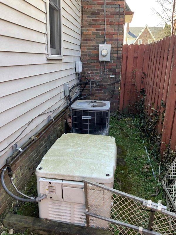 Provided comprehensive estimate for complete HVAC system replacement including furnace and air conditioning unit for forced air system operating on natural gas. Assessed existing equipment location in basement and exterior condensing unit placement in side yard adjacent to backup generator and evaluated installation requirements for new system components.