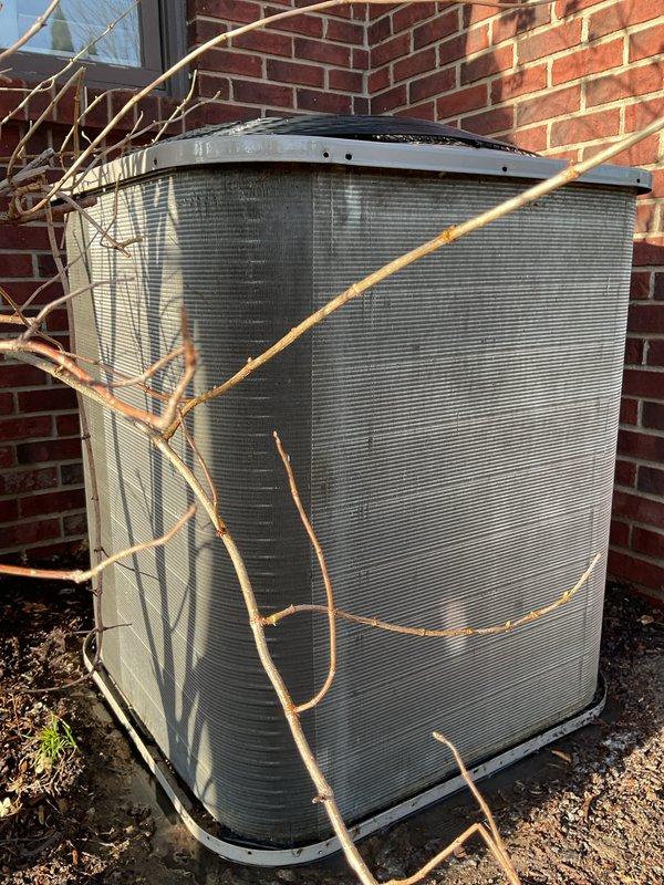 Completed annual HVAC maintenance on outdoor condenser unit. Cleared accumulated debris, bare branches, and vegetation from unit exterior and surrounding area. Replaced air filter as needed and documented pre-service condition showing significant dirt and grime buildup on metal casing and fins.