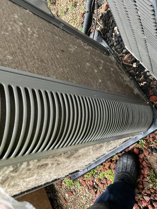 Performed scheduled preventive maintenance on outdoor air conditioning unit. Inspected condenser coil and found moderate accumulation of dust, debris, and seasonal leaf matter on fins and surrounding areas. Cleaned exterior surfaces, removed organic debris from unit perimeter, and verified proper airflow through heat exchanger components to ensure optimal system performance for upcoming cooling season.