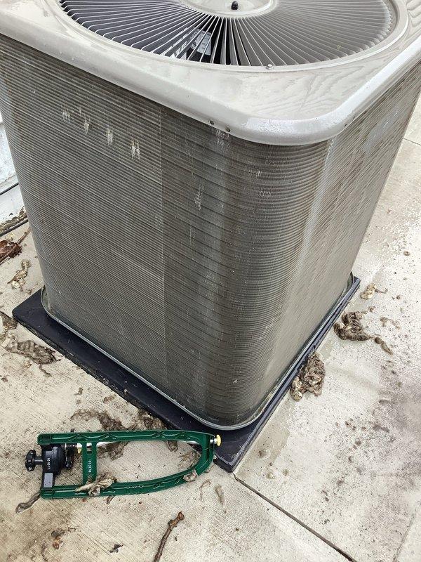 Completed scheduled Air Care Heating and Cooling maintenance on AHC unit 4/1010-2. Upon arrival, discovered severe deterioration of condenser coil insulation with extensive shredding and material separation exposing underlying coil fins. Performed fin straightening and cleaning procedures using fin comb tool to restore proper airflow through heat exchanger coils. Documented pre-existing insulation damage requiring future replacement to prevent continued degradation and maintain unit efficiency.