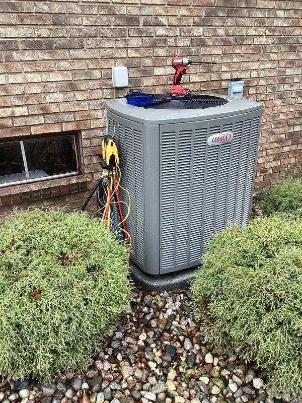 Completed scheduled Air Care Maintenance on Lennox outdoor condensing unit. Performed comprehensive system inspection, tested electrical connections, verified refrigerant pressures, and cleaned condenser coil. Unit operating within manufacturer specifications with all components functioning properly.