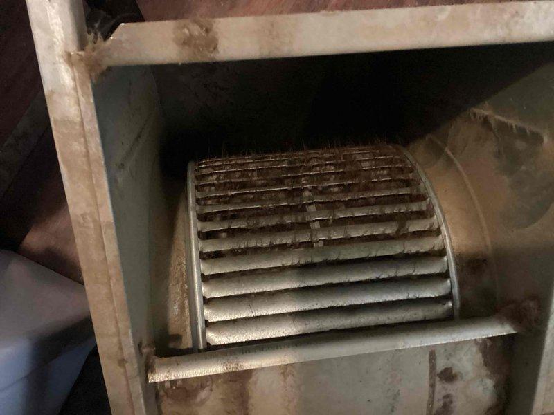 Responded to callback for recently installed 110K BTU furnace experiencing water leakage and excessive noise. Upon inspection, discovered evaporator coil heavily clogged with dust and debris accumulation, and blower wheel significantly contaminated with dirt buildup on all blade surfaces. Thoroughly cleaned evaporator coil fins and blower wheel assembly, removing substantial accumulation that was restricting airflow and causing condensate drainage issues and operational noise. Verified proper system operation, confirmed water leak resolved and noise levels returned to normal parameters following cleaning.