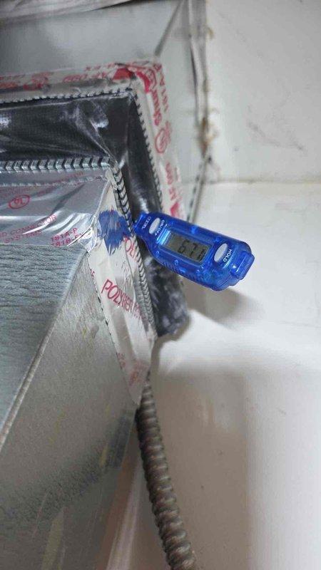 Performed diagnostic evaluation on air conditioning system using digital temperature measurements at the evaporator coil and air handler unit. Initial leak search was conducted but requires a follow-up visit to complete the refrigerant leak detection process, as the investigation remains ongoing.