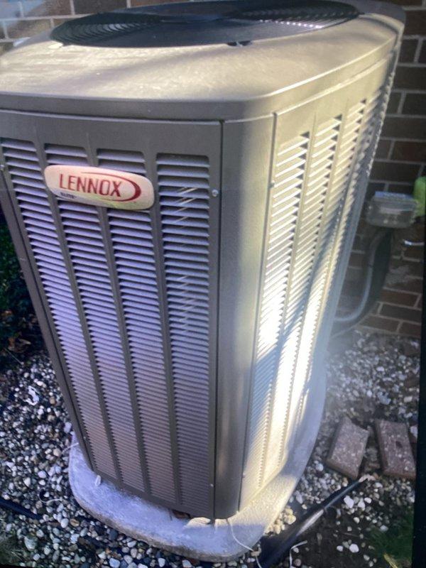 Completed scheduled Air Care Maintenance on Lennox outdoor condensing unit. Performed comprehensive system inspection, verified proper operation of all components, and documented unit condition with photographic records. Unit found in good working order with normal outdoor weathering and minor dust accumulation on surfaces.