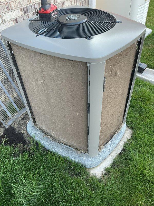 Performed routine preventive maintenance on residential air conditioning system. Inspected outdoor condensing unit, verified proper operation of condenser fan assembly, and confirmed unit integrity with no visible damage or deterioration noted. System operational and ready for cooling season.