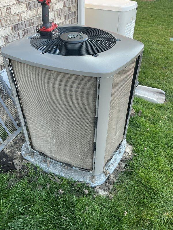 Performed routine preventive maintenance on residential air conditioning system. Inspected outdoor condensing unit, verified proper operation of condenser fan assembly, and confirmed unit integrity with no visible damage or deterioration noted. System operational and ready for cooling season.