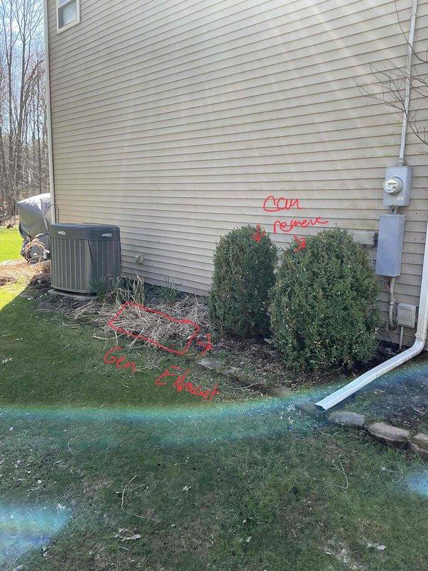 Conducted on-site evaluation for whole home generator installation, assessing existing natural gas meter location and electrical service panel placement. Documented current utility infrastructure including gas meter assembly with multiple connection points and 200-amp electrical service, evaluated clearance requirements and optimal placement area adjacent to HVAC unit on concrete pad, and provided estimate options for both Kohler and Generac generator systems with automatic transfer switch integration.