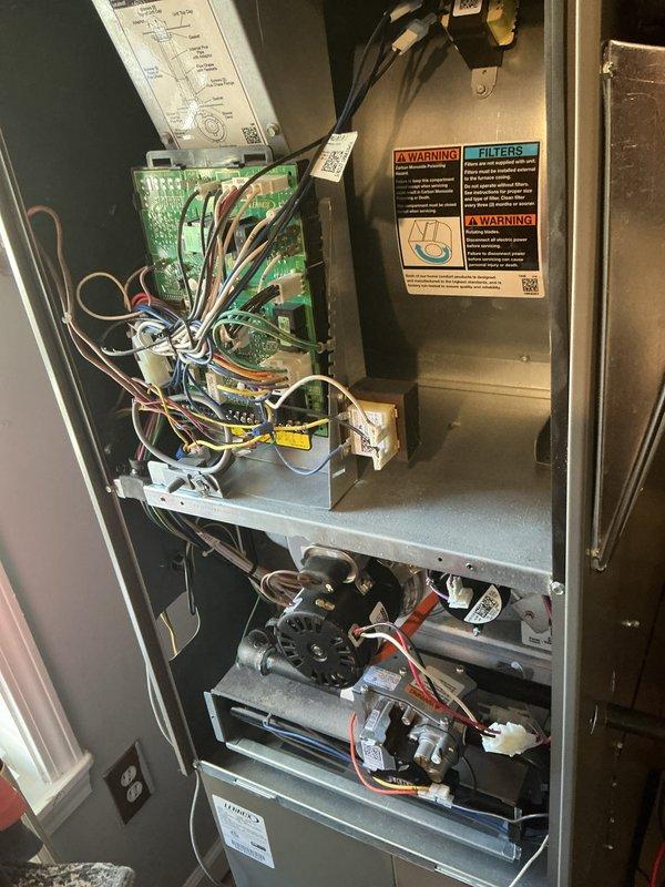 Completed scheduled Air Care Heating and Cooling maintenance on residential HVAC system. Performed comprehensive inspection of furnace unit, including control board, gas valve assembly, wiring connections, and internal components. Replaced furnace filter as requested, verified proper operation of blower assembly, and inspected water heater and associated plumbing connections in mechanical room. All systems operating within normal parameters.