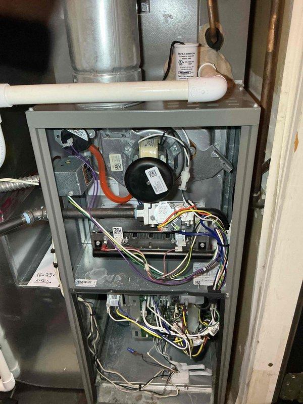 Completed annual HVAC maintenance inspection on air handler unit. Contacted tenant prior to arrival to confirm access. Accessed internal components by removing front cabinet panel and performed comprehensive system evaluation. Inspected blower motor assembly, electrical connections, and wiring harnesses throughout multi-level cabinet configuration. Verified proper operation of all electrical components including circuit boards, relays, and control systems. Examined refrigerant lines and condensate drainage system. Documented equipment condition through photographic records showing organized wiring, properly mounted components, and operational status of all major systems.