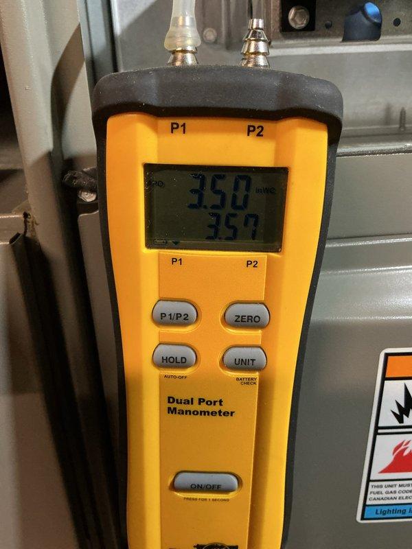 Responded to service call for thermostat not reaching set temperature of 78°F and stopping at 70°F. Performed diagnostic testing of HVAC system using dual port manometer to measure system pressures, which indicated readings of 350 and 359 on P1 and P2 ports respectively. Identified and resolved system issue preventing proper temperature control, restoring normal thermostat operation to achieve desired set point.