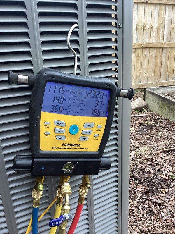 Completed annual cooling maintenance on residential HVAC system. Performed comprehensive system inspection including temperature differential measurements across evaporator coil (44.6°F recorded), verified refrigerant pressures and superheat/subcooling readings using digital manifold gauges (suction pressure 36.8 PSI, discharge pressure 252.0 PSI), confirmed proper system operation and airflow through condensing unit. All components operating within manufacturer specifications with no deficiencies noted.