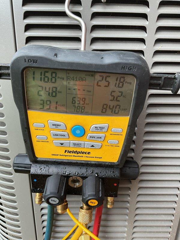 Completed annual preventive maintenance on residential air conditioning system. Performed comprehensive system evaluation including refrigerant pressure and temperature measurements using digital manifold gauges, verified proper operating pressures and temperatures across the system, and inspected outdoor condensing unit for proper operation and physical condition. All components found operating within manufacturer specifications with no repairs required at this time.