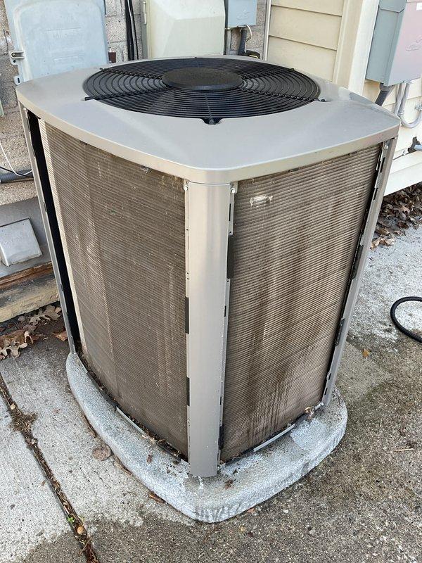 Performed routine preventative maintenance on residential air conditioning condensing unit. Completed visual inspection of cabinet, condenser coils, and fan assembly, noting normal weathering consistent with outdoor installation. Verified unit positioning on concrete pad and confirmed adequate clearances around equipment. All components found in satisfactory operating condition with no immediate service needs identified.