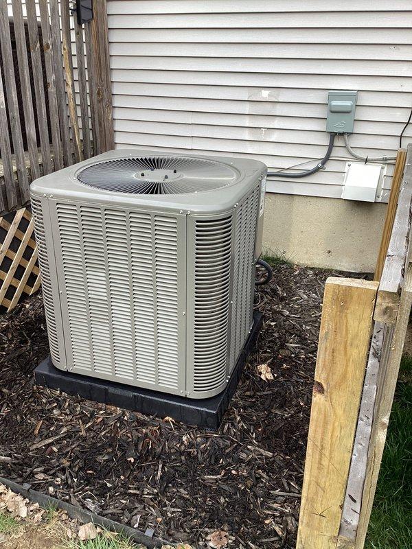 Completed routine Air Care Cooling maintenance on residential outdoor condensing unit. Performed standard preventative maintenance procedures including inspection of unit exterior, electrical connections, and proper placement on protective pad. Unit found in good operating condition with no visible damage or immediate service concerns noted.