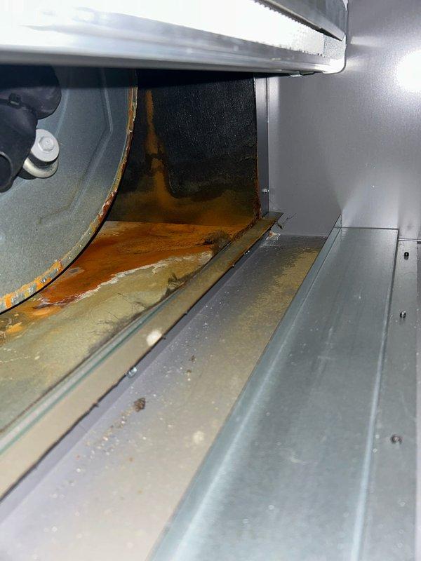 Responded to callback for furnace leaking water and unit not level. Upon inspection, found significant water accumulation and rust-colored staining in the unit's interior compartment, with liquid pooling in the drain pan and visible deterioration on metal surfaces. Documented the ongoing water leak issue with photos showing the extent of moisture damage and condensate management failure requiring further corrective action to resolve the leveling and drainage problems.