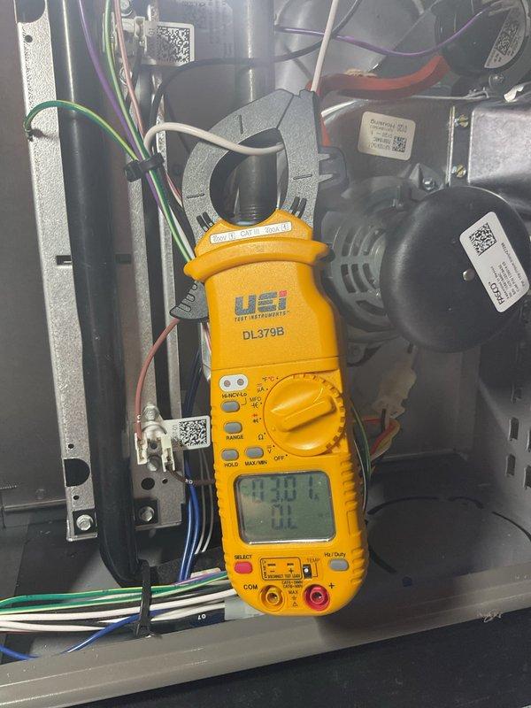 Attempted to perform scheduled Air Care Maintenance on outdoor condensing unit but was unable to complete service due to inclement weather conditions. Performed preliminary electrical diagnostics using digital multimeter to measure amperage and verify system operation on both outdoor unit and indoor air handler components. Advised rescheduling of complete ACM service when weather conditions improve to ensure proper system evaluation and maintenance procedures can be safely performed.