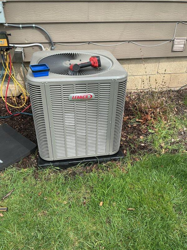 Performed scheduled preventive maintenance on residential Lennox air conditioning condenser unit. Conducted comprehensive system inspection including electrical connections, refrigerant pressures using manifold gauge set, and component functionality testing. Cleaned condenser coils, verified proper airflow through louver panels, and inspected refrigerant line set for signs of wear or damage. All components operating within manufacturer specifications with no issues identified during service visit.