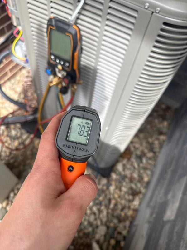Performed first-time startup and commissioning on newly installed central air conditioning system. Verified proper refrigerant charge using digital manifold gauges, confirmed system pressures and temperatures were within manufacturer specifications. Measured supply air temperature at 52.3°F and return air at 72.5°F using infrared thermometer, confirming adequate cooling performance and proper system operation. System tested and operational, ready for service.