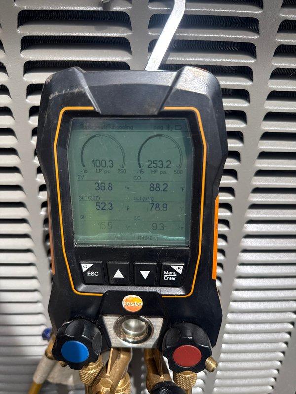 Performed first-time startup and commissioning on newly installed central air conditioning system. Verified proper refrigerant charge using digital manifold gauges, confirmed system pressures and temperatures were within manufacturer specifications. Measured supply air temperature at 52.3°F and return air at 72.5°F using infrared thermometer, confirming adequate cooling performance and proper system operation. System tested and operational, ready for service.