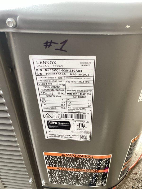 Successfully completed installation of a 2.5-ton Lennox air conditioning system with matching evaporator coil at rear discharge location. All mechanical, electrical, and refrigerant connections were properly executed, system was charged to manufacturer specifications, and final testing confirmed proper operation with diagnostic equipment readings within normal parameters.