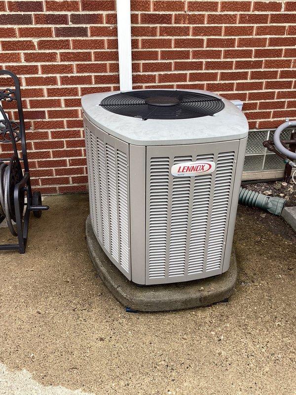 Completed routine maintenance on Lennox outdoor air conditioning condenser unit. Performed standard ACM procedures including inspection of unit components, cleaning of condenser coils, verification of proper operation, and assessment of concrete pad condition which showed weathering and algae growth along edges. Unit found to be in functional condition with all components operating within normal parameters.