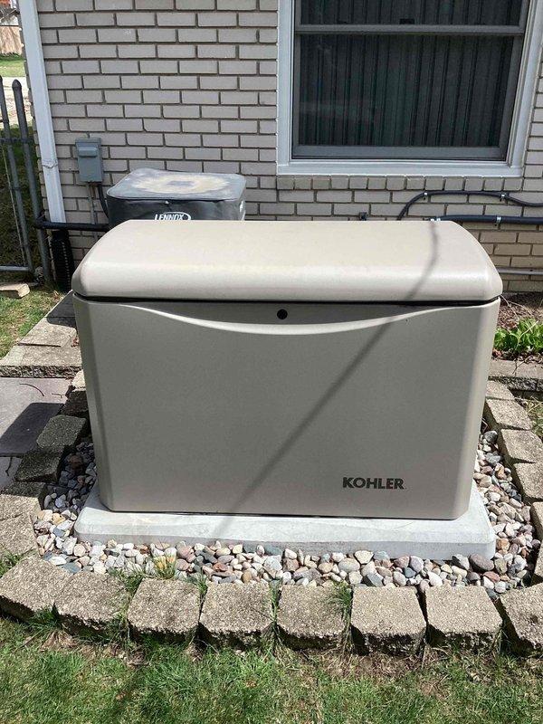 Completed scheduled maintenance on residential Kohler standby generator unit. Performed comprehensive inspection of engine components, verified all fluid levels, checked battery connections, and tested automatic transfer switch functionality. Generator operated within normal parameters upon completion of preventive maintenance service.