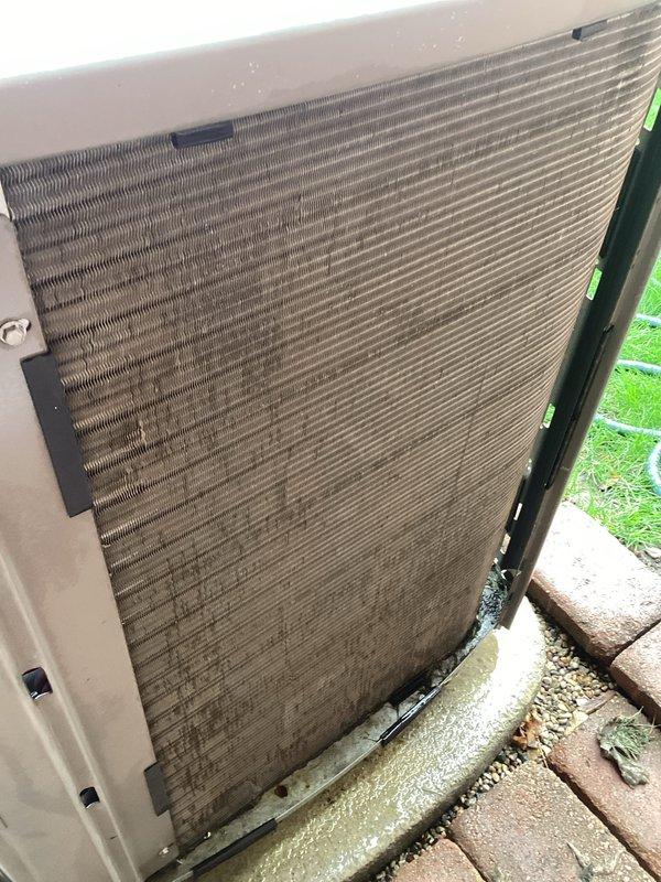 Completed annual cooling maintenance on residential air conditioning system. Condenser unit showed significant accumulation of dirt, dust, and environmental debris on aluminum fins and coil surfaces. Performed thorough cleaning of condenser coils to restore proper airflow and heat transfer efficiency. Inspected fan motor assembly, electrical connections, and refrigerant lines. Unit rescheduled for preventive maintenance visits in fall and spring seasons to maintain optimal system performance.