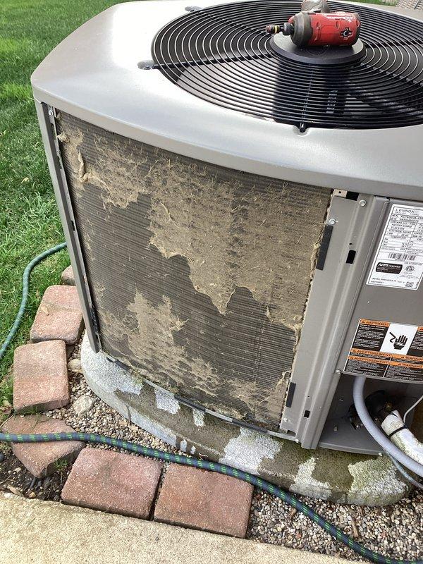 Completed annual cooling maintenance on residential air conditioning system. Condenser unit showed significant accumulation of dirt, dust, and environmental debris on aluminum fins and coil surfaces. Performed thorough cleaning of condenser coils to restore proper airflow and heat transfer efficiency. Inspected fan motor assembly, electrical connections, and refrigerant lines. Unit rescheduled for preventive maintenance visits in fall and spring seasons to maintain optimal system performance.