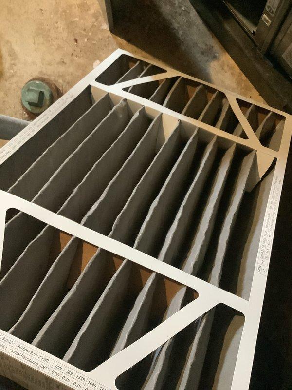 Completed scheduled AHC maintenance service during evening hours. Inspected HVAC system and replaced heavily soiled pleated air filters that showed significant dust and debris accumulation, which were restricting proper airflow. Installed new filters with proper sizing to restore system efficiency and indoor air quality.