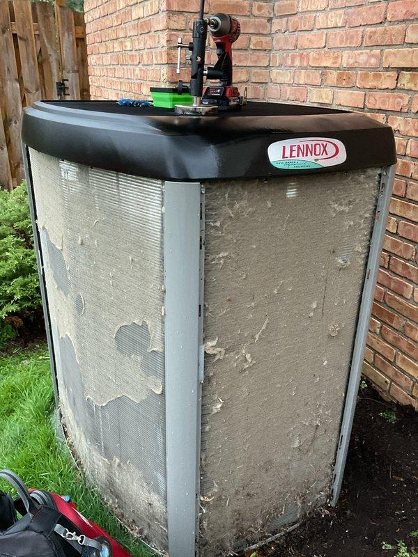 Completed annual cooling maintenance on Lennox outdoor condenser unit. Performed system inspection, cleaned debris from condenser coils and exterior mesh panels, verified proper operation of all components, and brought replacement furnace filter as requested by customer prior to arrival.