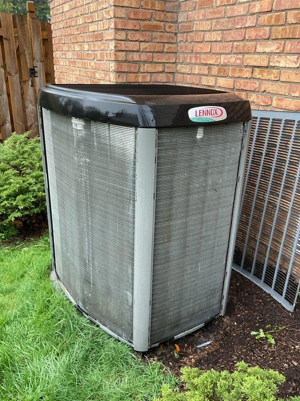 Completed annual cooling maintenance on Lennox outdoor condenser unit. Performed system inspection, cleaned debris from condenser coils and exterior mesh panels, verified proper operation of all components, and brought replacement furnace filter as requested by customer prior to arrival.