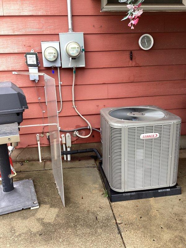 Completed routine preventative maintenance on 1-year-old Lennox air conditioning system. Performed comprehensive system diagnostics using Testo 550s digital manifold, recording operating pressures of 122.6 psi low side and 234.3 psi high side. Verified refrigerant charge with superheat reading of 16.2°F and subcooling of 10.0°F, confirming proper system charge levels. Measured supply air temperature at 41.8°F and return air at 79.4°F, indicating adequate cooling performance. Inspected outdoor condenser unit, confirmed proper operation of compressor and condenser fan motor. Checked electrical connections at disconnect box and verified proper voltage supply. Cleaned condenser coil and cleared debris from unit perimeter. All system parameters within manufacturer specifications. Unit operating efficiently with no deficiencies noted.