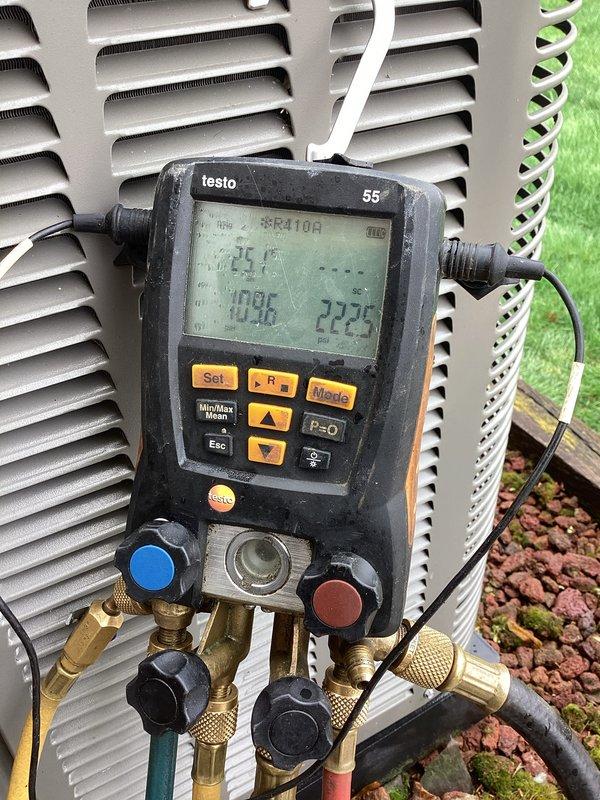 Completed ACM4/1510-2 annual maintenance on residential outdoor condensing unit. Performed comprehensive system diagnostics using digital manifold gauges, recording temperature differentials of 25.1°C and 10.8°C across the system. Verified refrigerant pressures and system performance parameters, confirming unit operating within manufacturer specifications.
