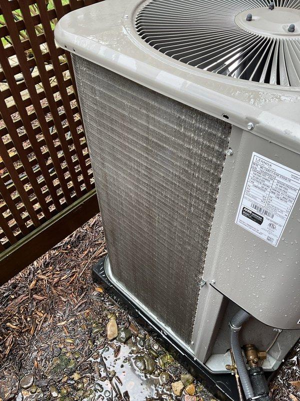 Completed scheduled Air Care Maintenance on residential cooling system. Performed comprehensive system diagnostics using refrigerant manifold gauge set, recording operating pressures and temperatures on both high and low sides of the system. Inspected outdoor condenser unit, noting accumulation of debris on coil fins and minor weathering on cabinet exterior. All refrigerant pressures and superheat/subcooling readings found within manufacturer specifications, confirming proper system charge and operation. Documented equipment condition with photos for maintenance records.