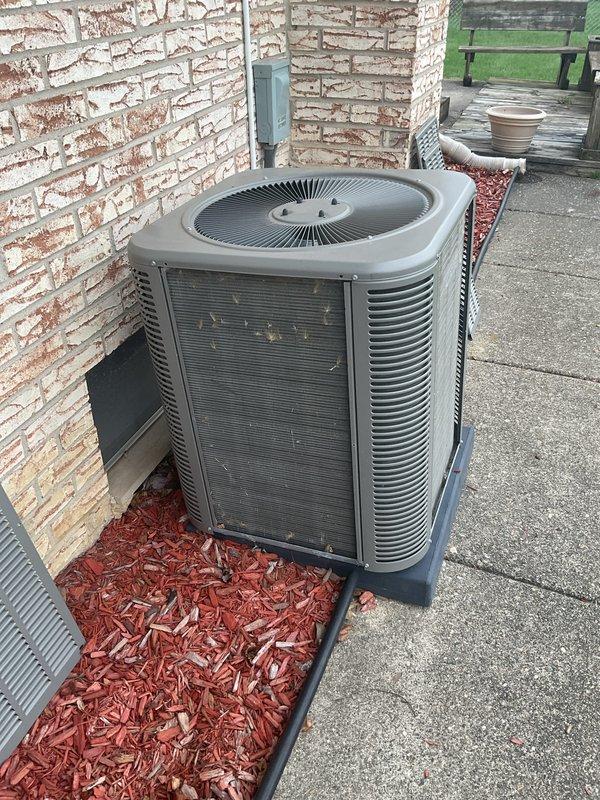 Completed annual cooling maintenance on residential outdoor AC unit. Brought and installed new filter and evaporator pad as scheduled. Inspected condenser unit positioned on concrete pad against exterior wall, verified proper operation of fan assembly and louvers, and documented equipment condition with photos showing unit in serviceable state with adequate clearance from surrounding mulch bed.