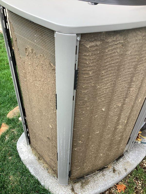 Completed comprehensive Air Handler Check (AHC) as part of recurring preventative maintenance program covering both heating and cooling systems. Inspected outdoor condensing unit and found exterior filter panels heavily soiled with significant accumulation of dirt, dust, and debris that was restricting airflow and reducing system efficiency. Cleaned or replaced filters as needed to restore proper airflow and optimize equipment performance for continued reliable operation.