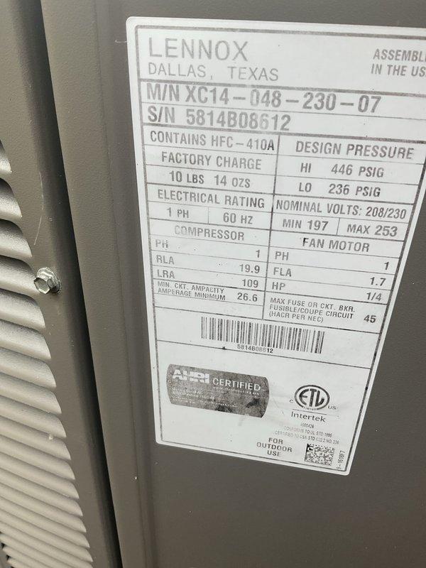 Completed annual cooling maintenance on Lennox XC14-048-230-07 outdoor condensing unit utilizing R-410A refrigerant. Performed comprehensive system inspection, documented equipment nameplate data and current operating condition, and verified unit functionality. Reminded customer to renew residential annual contract for continued maintenance coverage.