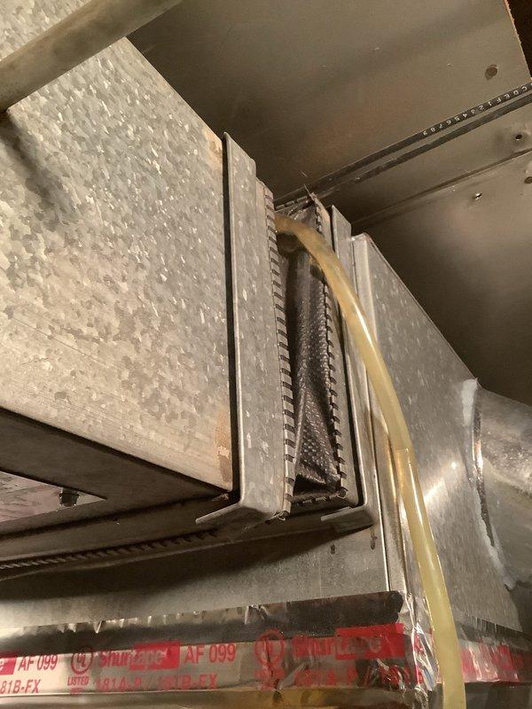 Responded to service call for GFCI tripping issue on 2024 furnace system located in basement. Upon inspection, found evaporator coil heavily contaminated with dust and debris accumulation, which was likely causing electrical load fluctuations and moisture-related issues leading to GFCI trips. Documented existing condition of HVAC equipment including air handler assembly and condensate pump system with white PVC drainage piping. Advised customer of necessary cleaning and maintenance requirements to prevent future electrical interruptions and ensure proper system operation.