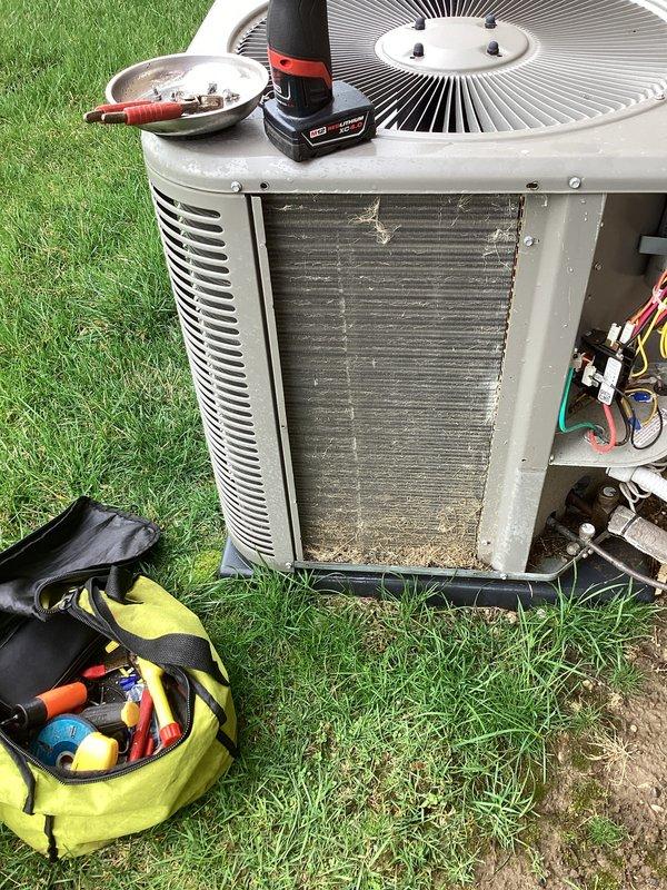 Completed annual cooling maintenance on residential air conditioning system. Performed standard ACM procedures including inspection of condenser unit, coil cleaning, electrical connection check, and refrigerant pressure testing. Installed MERV 11 filter as part of routine maintenance protocol. Condenser coils showed moderate dust and debris accumulation which was addressed during service. All electrical connections were inspected and found secure, refrigerant pressures checked and within normal operating range, and unit tested for proper operation upon completion.