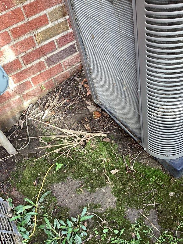 Completed annual cooling maintenance on residential air conditioning system. Cleared accumulated debris, twigs, and organic material from around condenser unit base and perimeter to ensure proper airflow and prevent system efficiency loss. Inspected outdoor condensing unit including coil fins, refrigerant lines, and electrical connections. Unit operational and ready for cooling season.