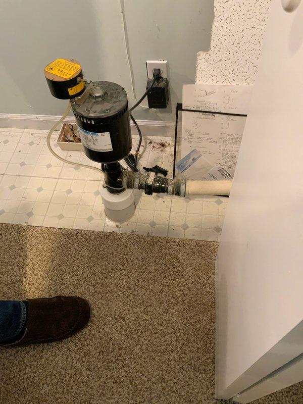 Conducted site evaluation for sump pump replacement in a 1979-built residential property. Assessed existing Marathon Electric 1/3 HP, 115V sump pump unit (Model 1QB48S34014B) currently installed in basement utility area adjacent to carpeted living space. Documented current pump specifications, discharge piping configuration, and electrical connections to provide accurate quote for new sump pump installation.