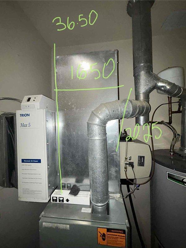 Completed full HVAC system installation for a medium-sized residential property (1200-2000 sq.ft.) including natural gas furnace with air conditioning. Indoor equipment installed in closet utility space features new furnace unit with TRION Max 5 air filtration system, configured ductwork with proper connections and routing, and all necessary electrical wiring. Outdoor condensing unit installed on concrete pad against exterior wall with appropriate electrical disconnect, refrigerant line connections, and conduit runs through siding. System tested and operational for both heating and cooling functions.