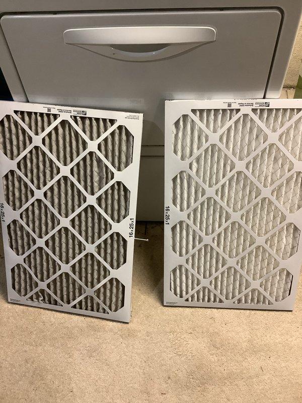 Completed annual preventive maintenance on residential cooling system. Replaced dirty 16x25 air filter with new filter to ensure proper airflow and system efficiency. Inspected outdoor condenser unit and noted significant debris accumulation on coil screen; cleaned exterior surfaces to restore optimal heat exchange capability and prevent reduced cooling performance.