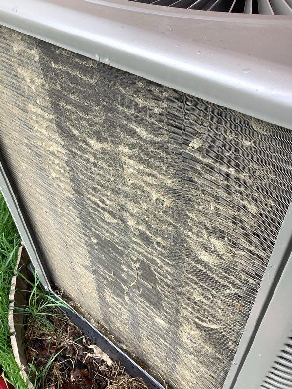 Completed annual preventive maintenance on residential cooling system. Replaced dirty 16x25 air filter with new filter to ensure proper airflow and system efficiency. Inspected outdoor condenser unit and noted significant debris accumulation on coil screen; cleaned exterior surfaces to restore optimal heat exchange capability and prevent reduced cooling performance.