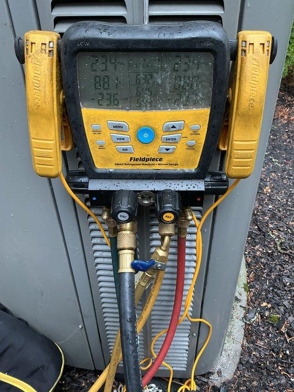 Responded to no cooling complaint on 2012 Lennox system located in basement. Connected digital manifold gauges to outdoor condenser unit and performed diagnostic testing of refrigerant pressures and system operation. Evaluated indoor air handler and furnace assembly for proper airflow and component function.