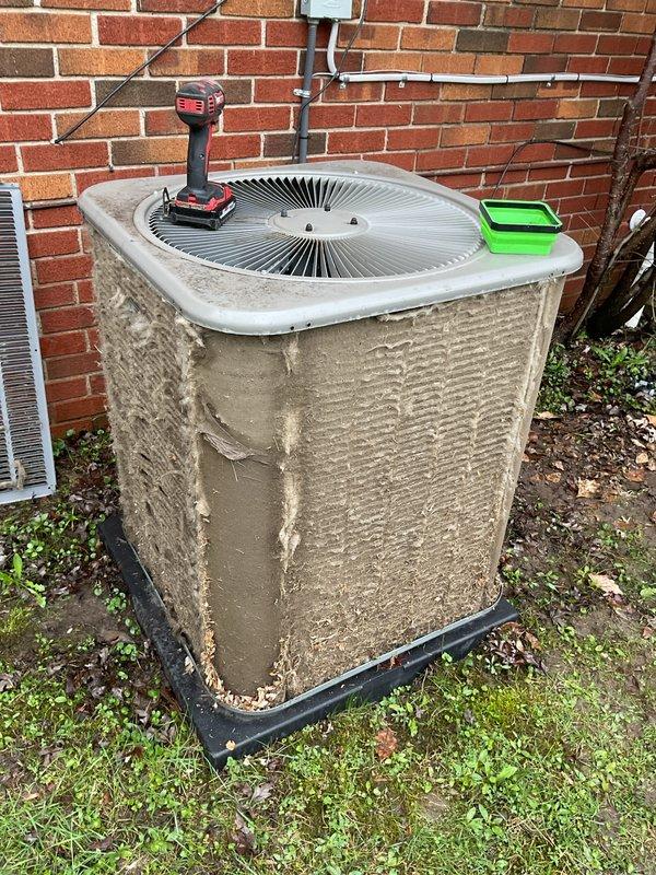 Completed annual cooling maintenance on residential split system air conditioning unit. Performed comprehensive inspection of outdoor condensing unit, including visual assessment of cabinet condition, electrical connections, and refrigerant lines. Unit showed signs of weathering and exterior dirt accumulation on side panels. Utilized digital diagnostic tools to verify system performance parameters and electrical readings. Documented equipment condition through photographic records for maintenance history. System operational at time of service completion.