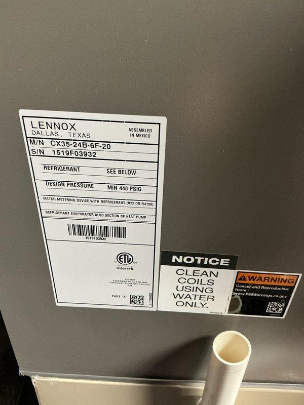 Completed annual preventive maintenance on Lennox model CX35-24B-6F-20 heat pump system. Performed comprehensive inspection of outdoor condenser unit, verified all manufacturer labels and safety notices intact, documented equipment model and serial number, and confirmed unit operational status. Cleared debris from surrounding area and ensured proper airflow clearance around equipment.