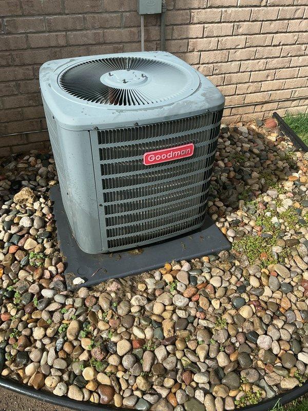 Completed annual cooling maintenance on Goodman residential condenser unit. Performed comprehensive system inspection, verified proper operation of compressor and condenser fan motor, checked electrical connections and disconnect box, and confirmed adequate refrigerant levels. Unit operating within normal parameters with no deficiencies noted at time of service.